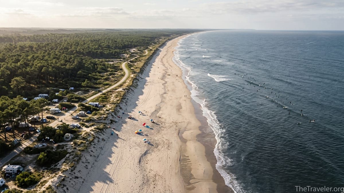 A long sandy French Atlantic beach with pine forest, surfers and a coastal cycle path in late afternoon light.
