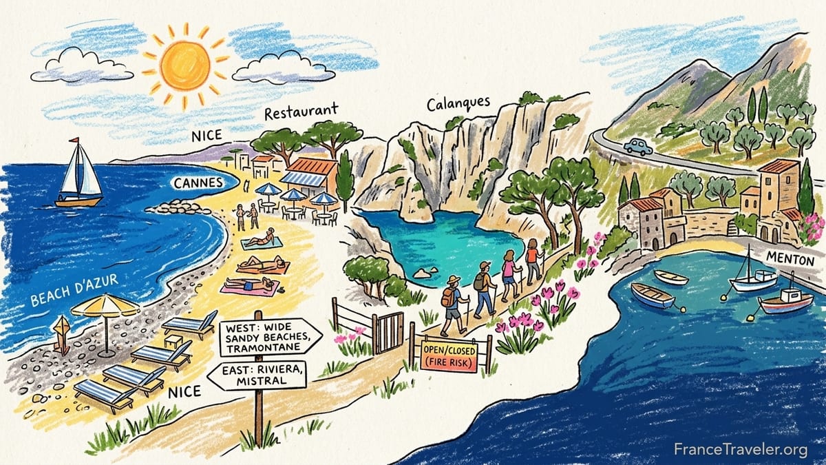 Quiet French Mediterranean bay at sunrise with pastel hillside town and calm turquoise water