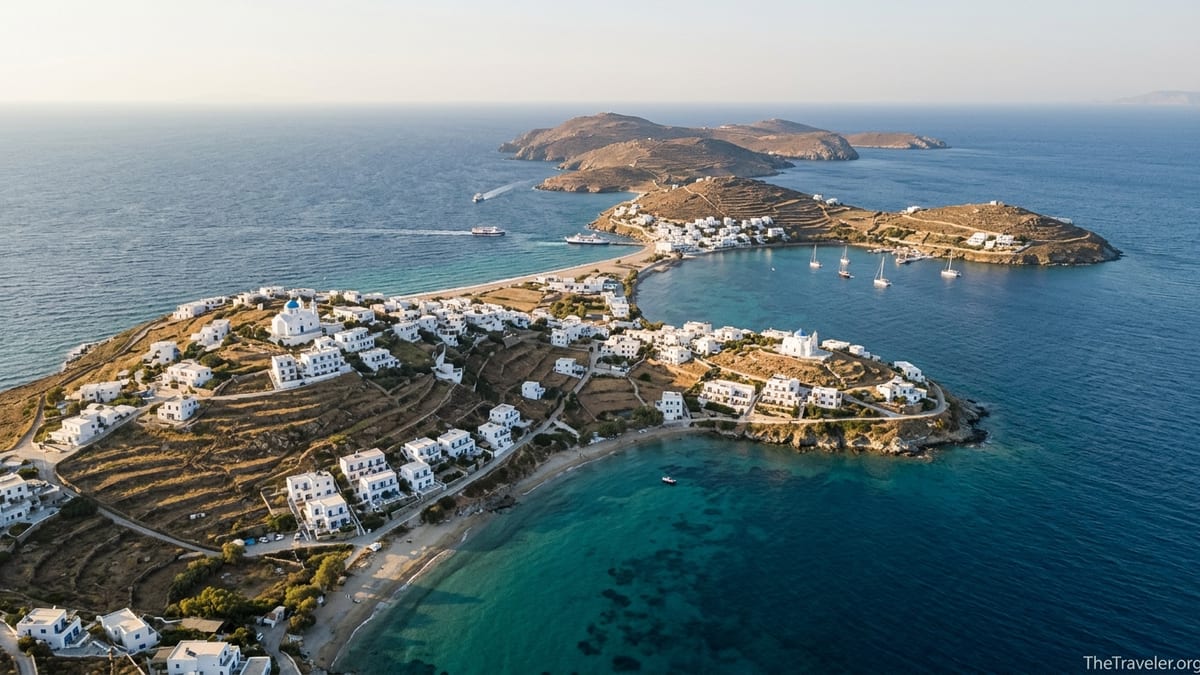 Aerial view of sunlit Greek islands with white villages, beaches and clear blue sea at golden hour.