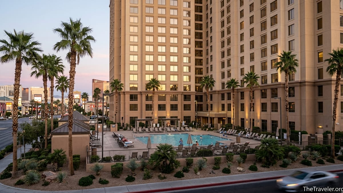 Hilton Grand Vacations Club on the Las Vegas Strip at sunset with a quiet pool area.