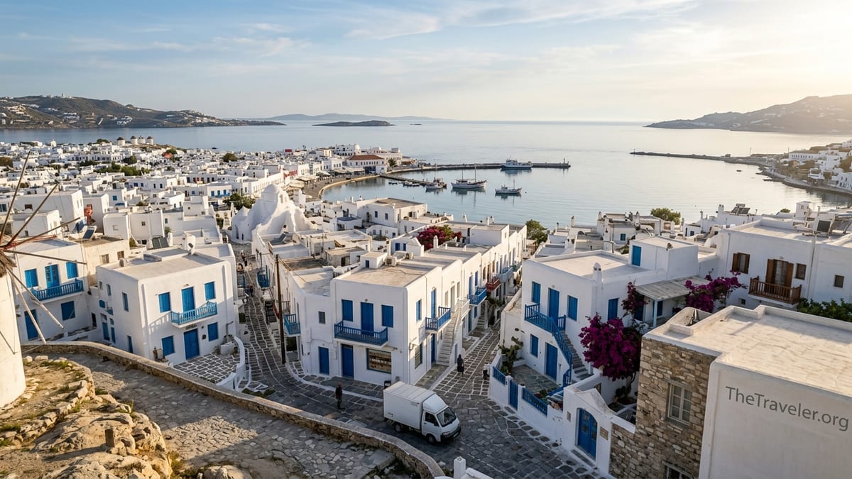 Early morning view over Mykonos Town with white houses, windmills and a calm harbor under warm golden light.