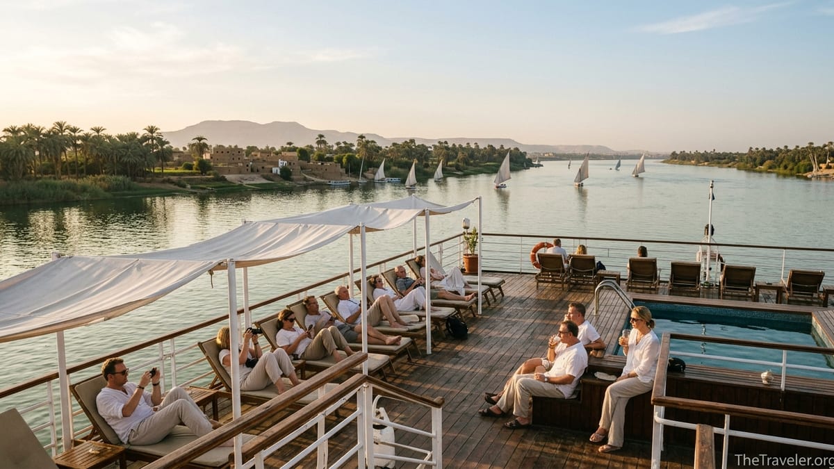 Nile cruise ship deck at sunset with passengers and palm lined riverbanks between Luxor and Aswan.