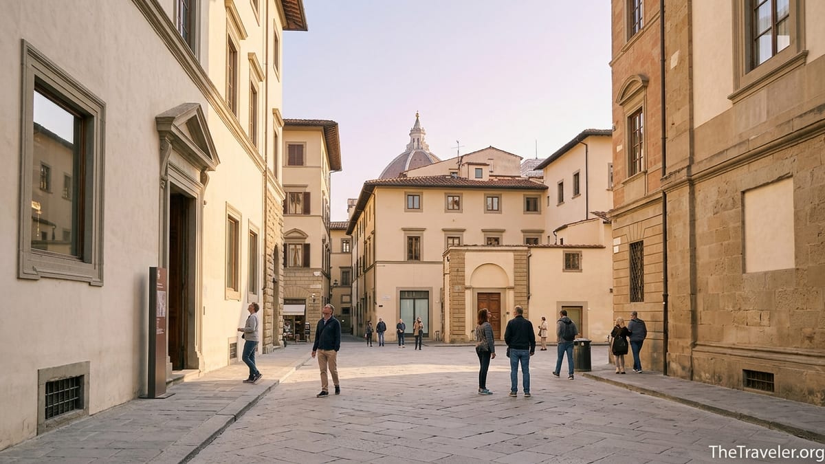 Early morning outside Florence’s Opera del Duomo Museum with few visitors and Duomo dome in background.