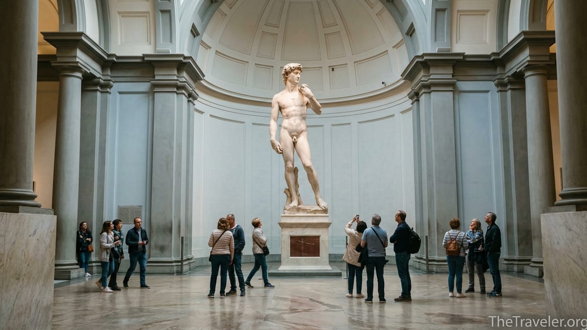 Visitors quietly viewing Michelangelo’s David in a softly lit hall of Florence’s Accademia Gallery.