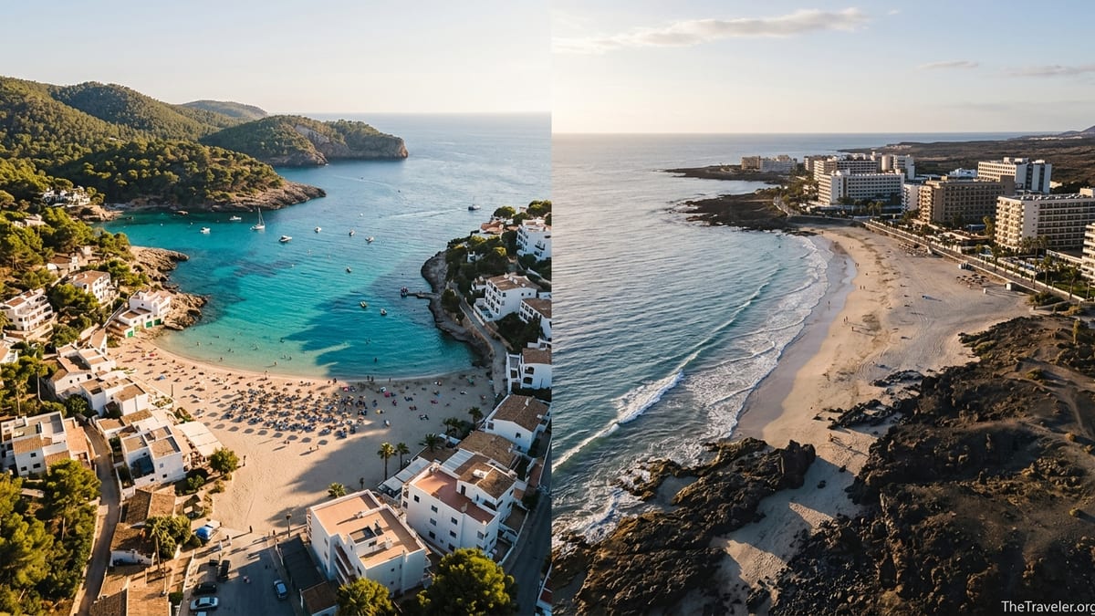 Aerial view of Balearic and Canary island coastlines showing contrasting beaches and landscapes.