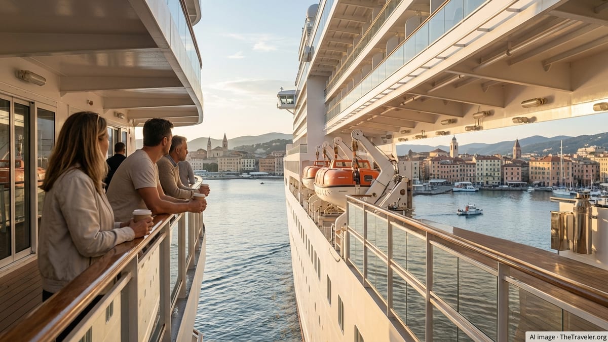 MSC cruise ship at sunrise approaching a Mediterranean port city with passengers on deck.