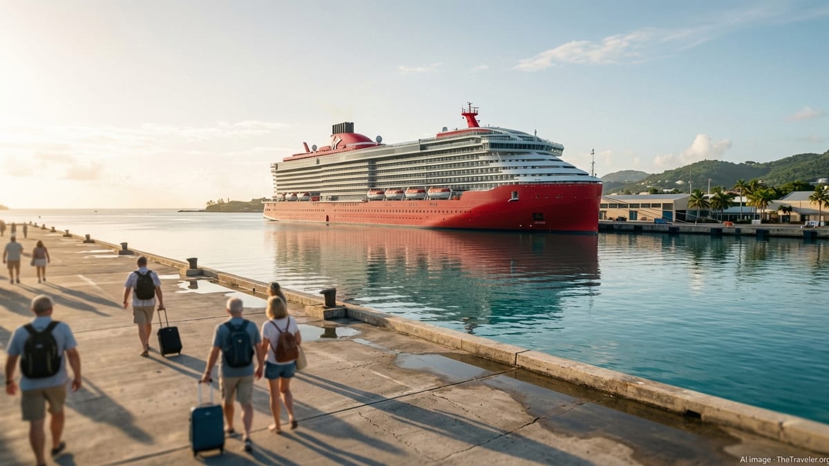 Virgin Voyages cruise ship docked at a sunny Caribbean pier in soft morning light