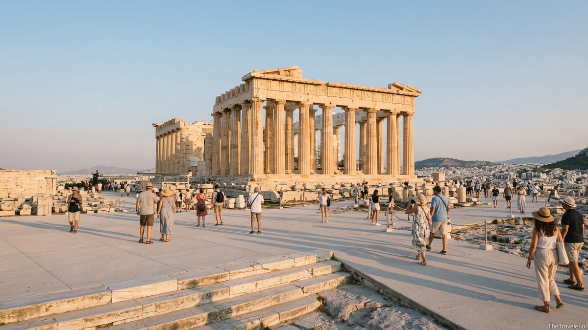 Early evening view of the Parthenon with visitors walking across the sunlit Acropolis plateau in Athens.
