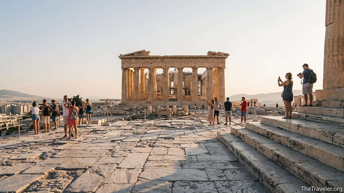 Late-afternoon view of the Parthenon with soft golden light and sparse visitors on the Acropolis plateau.