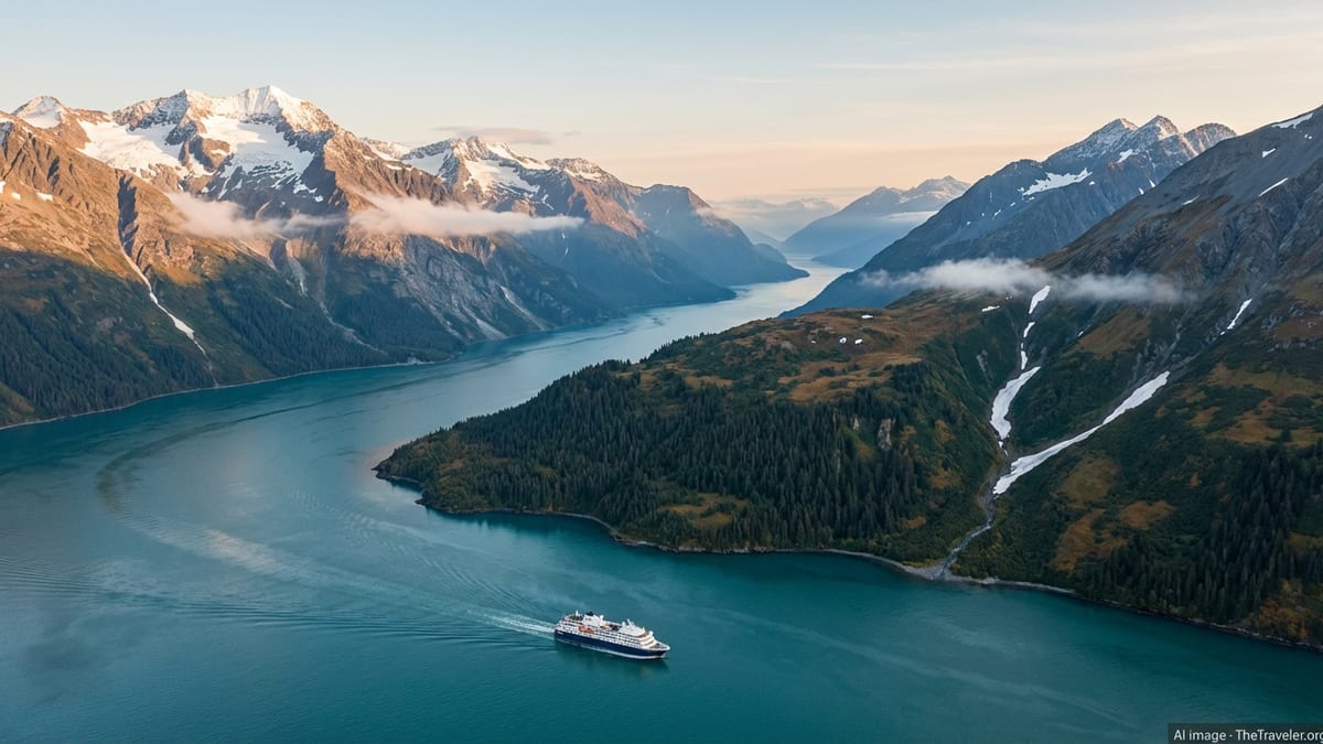 Aerial view of an Alaskan fjord in summer light with snow capped mountains, forested slopes and a cruise ship below.