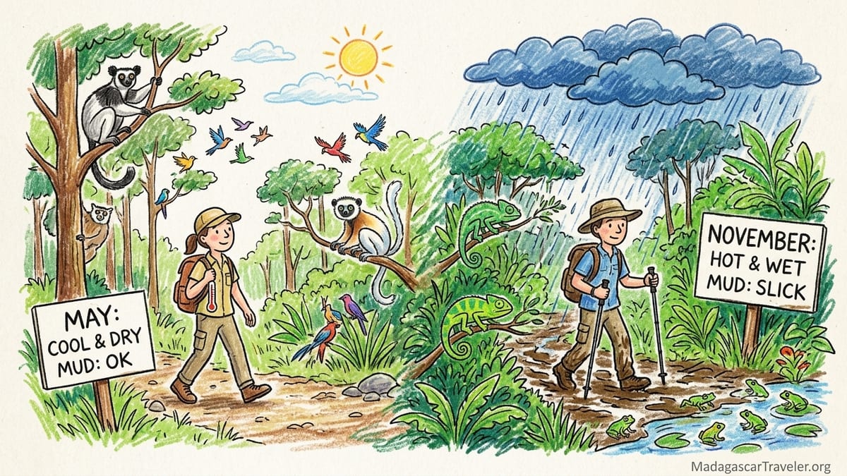 Misty rainforest trail in Andasibe-Mantadia with wet foliage and muddy path after rain