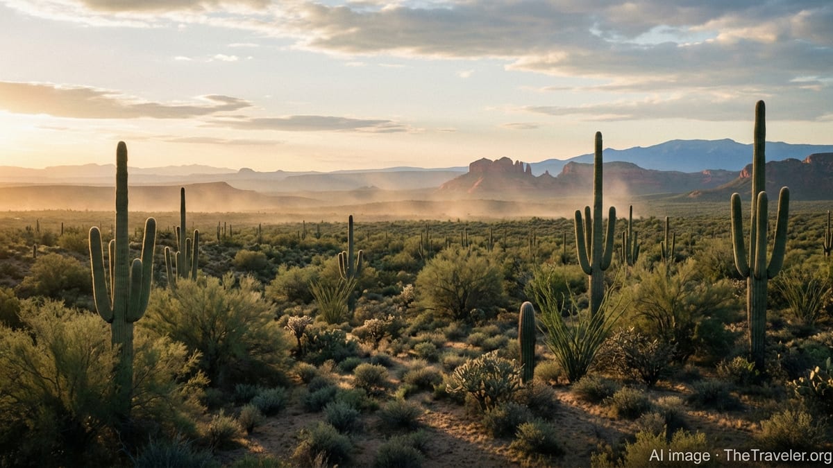 Sunrise over Arizona desert with saguaro cacti and distant mountains under a partly cloudy sky.