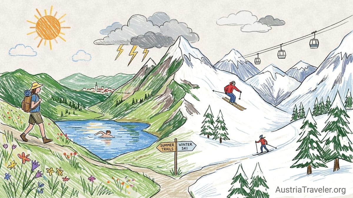 Summer hiking trail above a turquoise Alpine lake with Austrian peaks in the background.