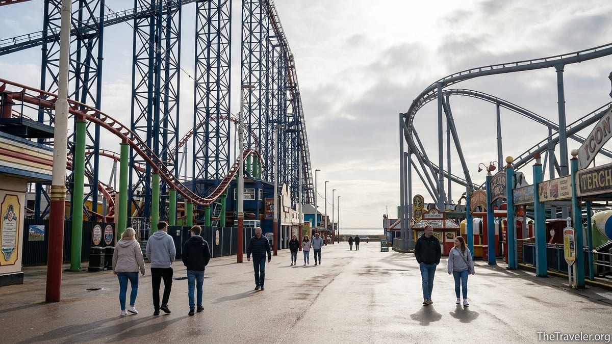 Quiet weekday at Blackpool Pleasure Beach with few visitors and coasters overhead.