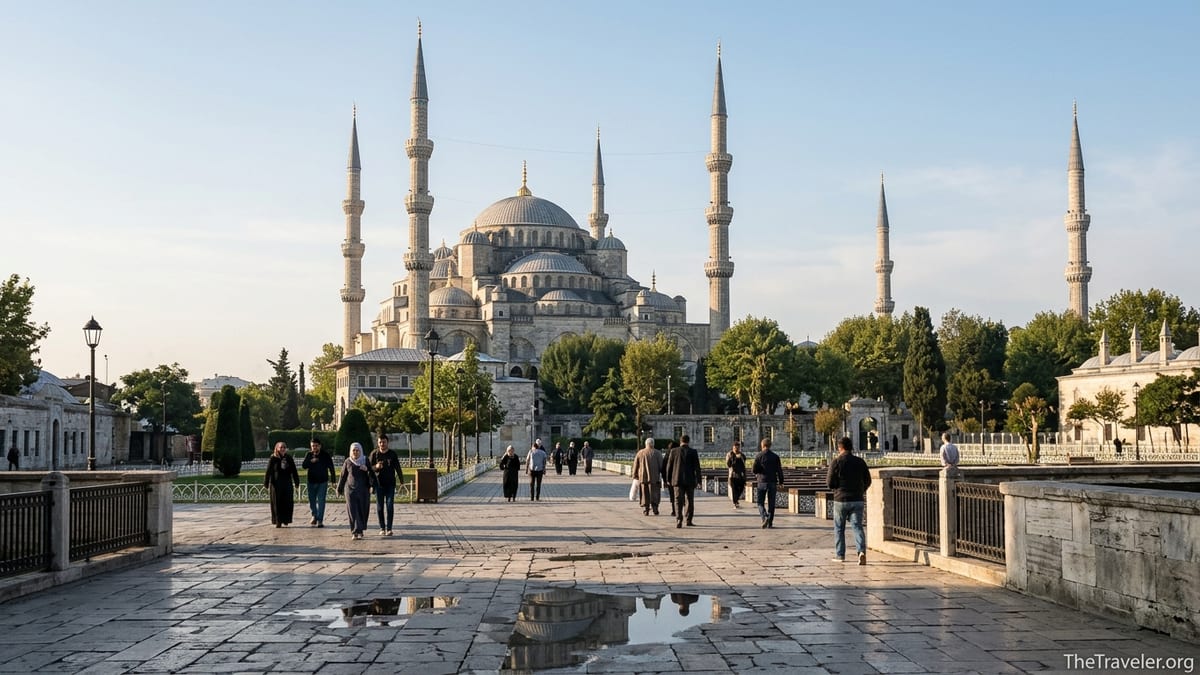 Early-morning view of Istanbul’s Blue Mosque with few visitors and soft sunlight.