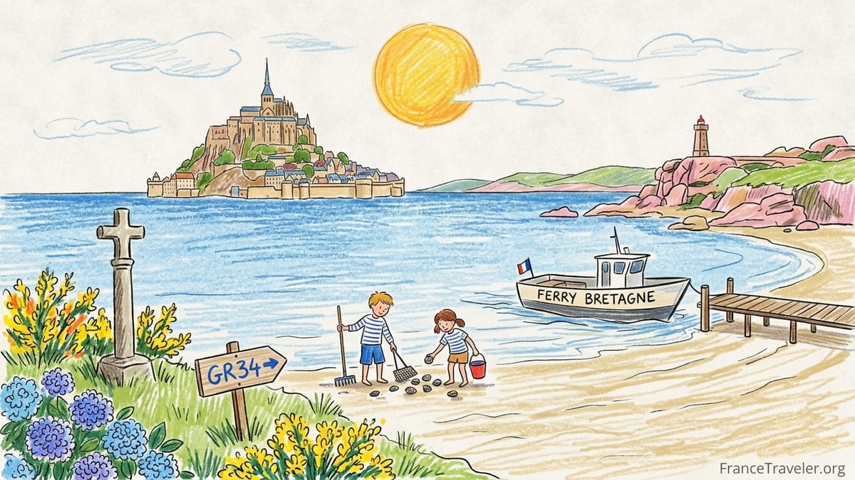 Low-tide view of a Brittany beach and fortified town under soft summer light.