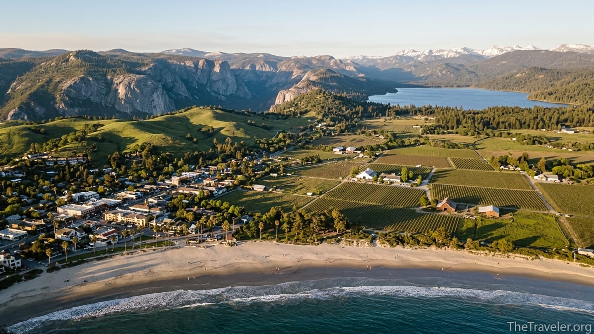 Aerial view of California coast, vineyards and Sierra Nevada mountains at sunset.