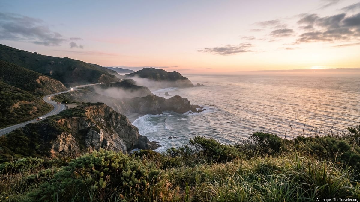 Sunrise over California’s Big Sur coast with highway curving along rugged cliffs above the Pacific Ocean.