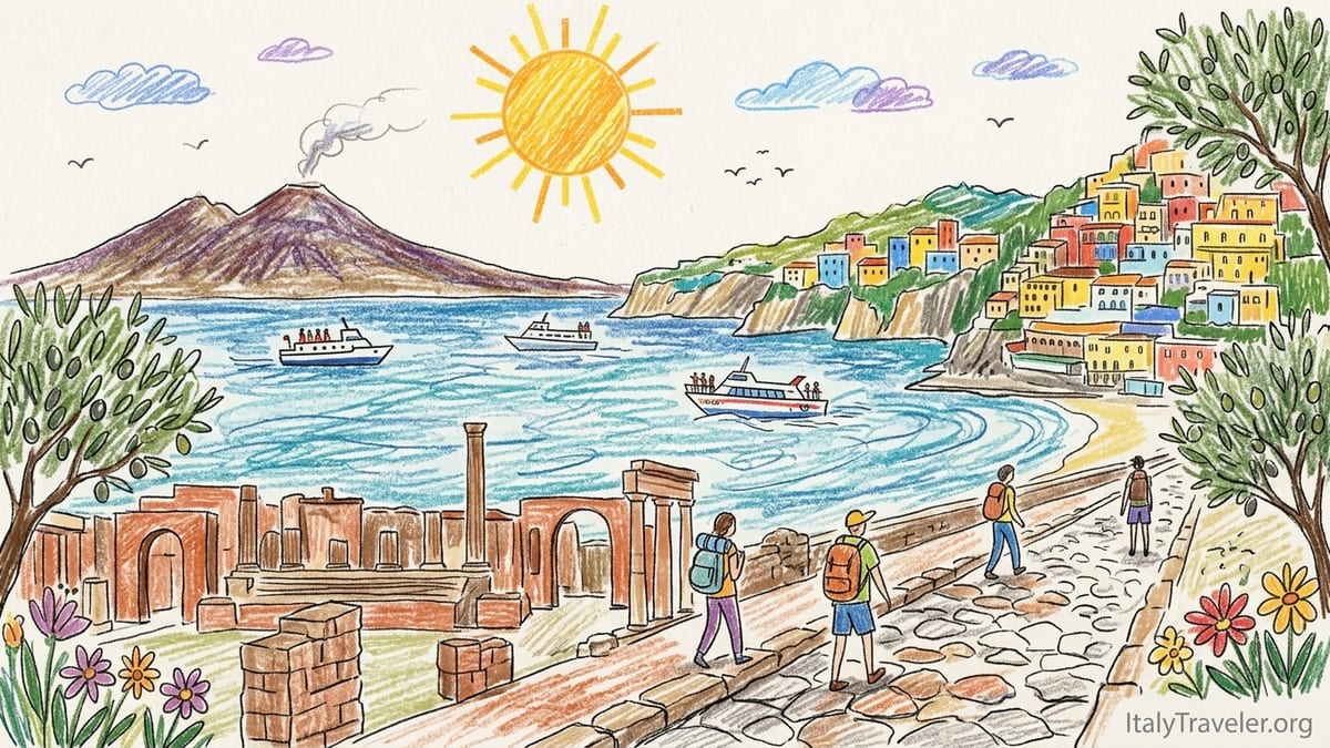 Passengers on a ferry approaching the Amalfi Coast on a clear autumn afternoon.