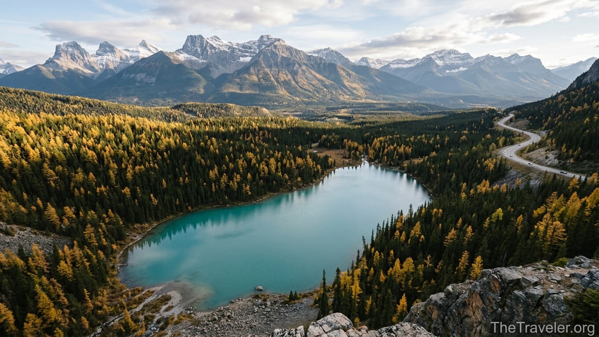 Early autumn view of turquoise lake and golden larch trees in the Canadian Rockies.