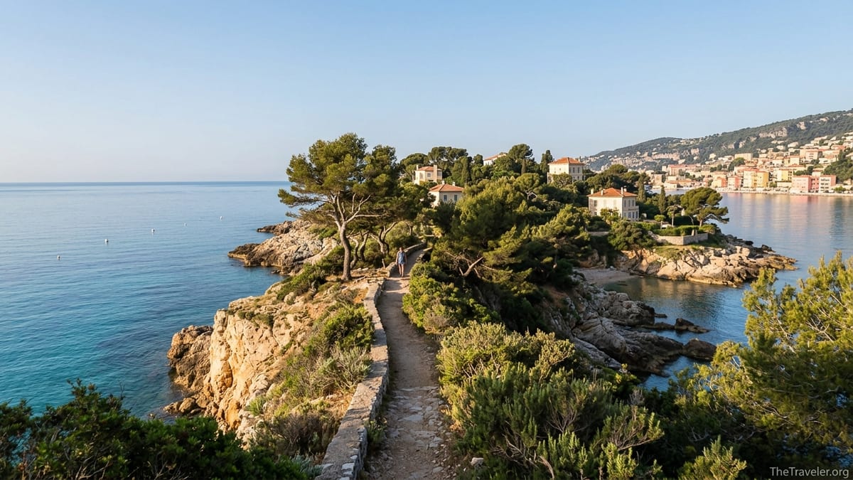 Early morning view of Cap Ferrat coastal path with clear sea and distant Villefranche-sur-Mer.