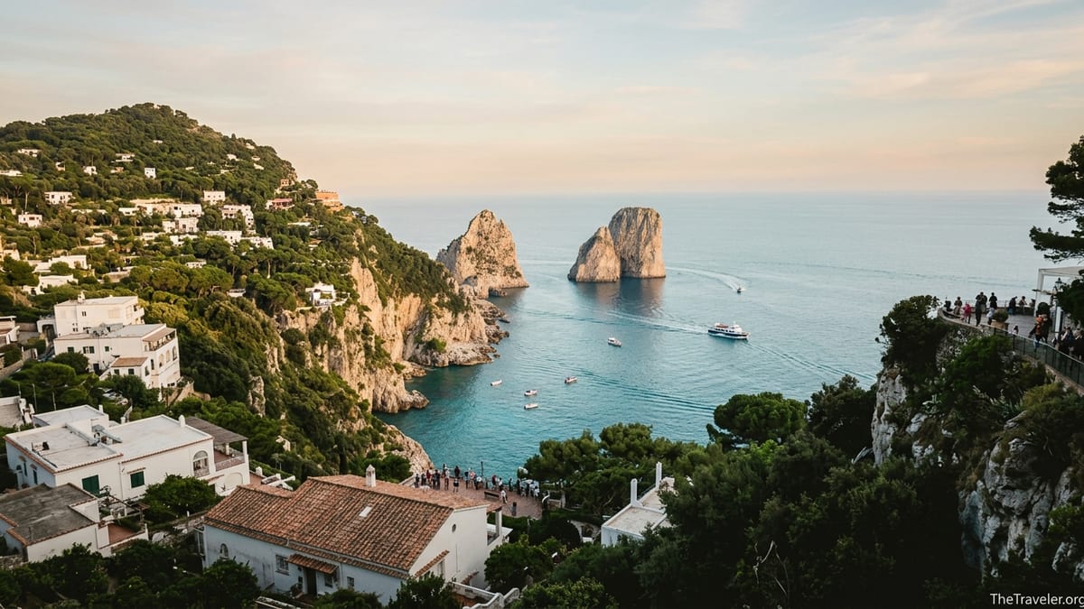 Golden hour view over Capri and the Faraglioni with calm sea and light spring crowds.