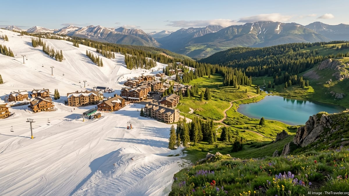 Colorado mountain valley split between snowy ski slopes and green summer trails at sunrise.