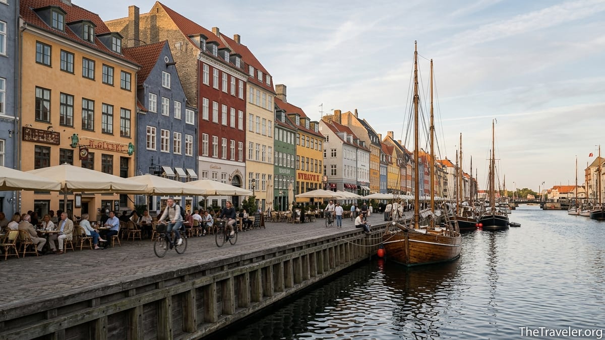 Summer evening view of Copenhagen’s Nyhavn canal with colourful houses, boats and relaxed outdoor cafes.