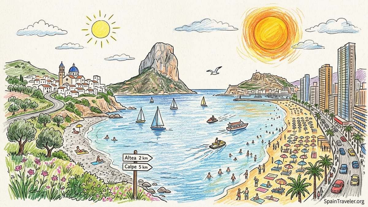 Early evening view of a Costa Blanca beach promenade with light crowds and warm calm sea.