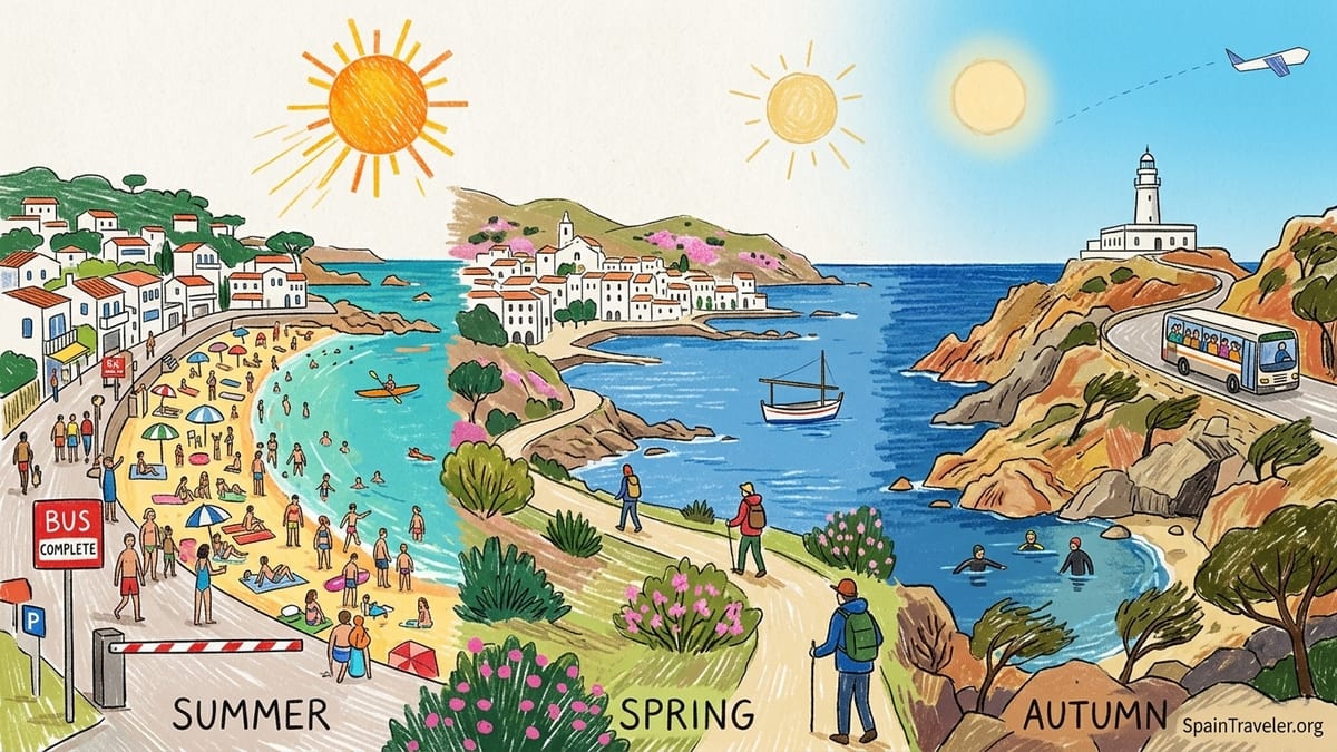 Early morning view over a quiet rocky cove and white village on the Costa Brava.