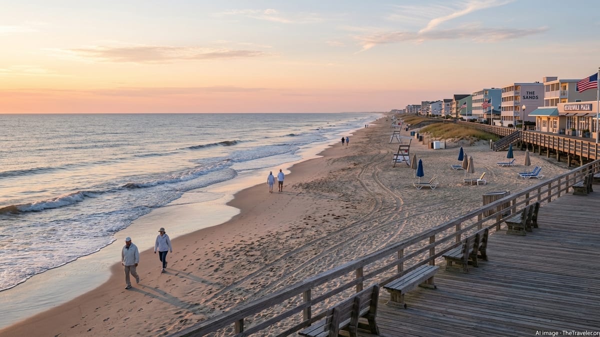 Quiet autumn sunrise over Rehoboth Beach boardwalk and shoreline in Delaware.
