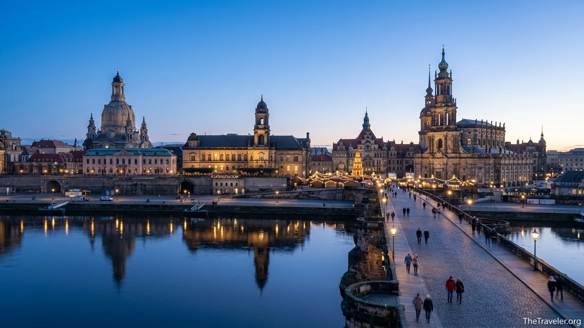 Dresden Old Town and Christmas market lights reflected in the Elbe River at dusk in early winter.