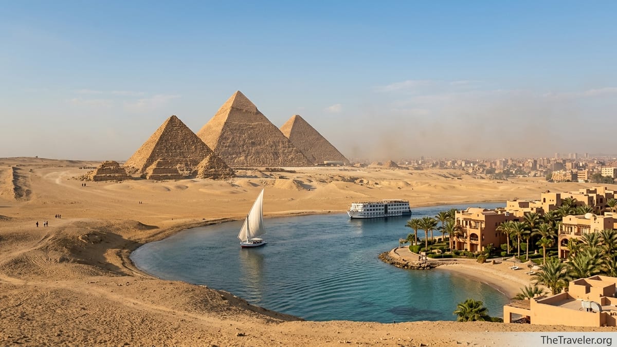 View of Egypt’s pyramids, Nile and a Red Sea-style beach resort under soft afternoon light.