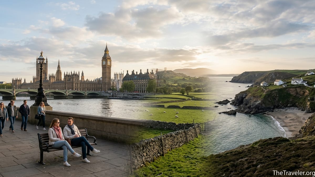 Panoramic view blending London’s Thames, green countryside and Cornish-style coastline at golden hour.