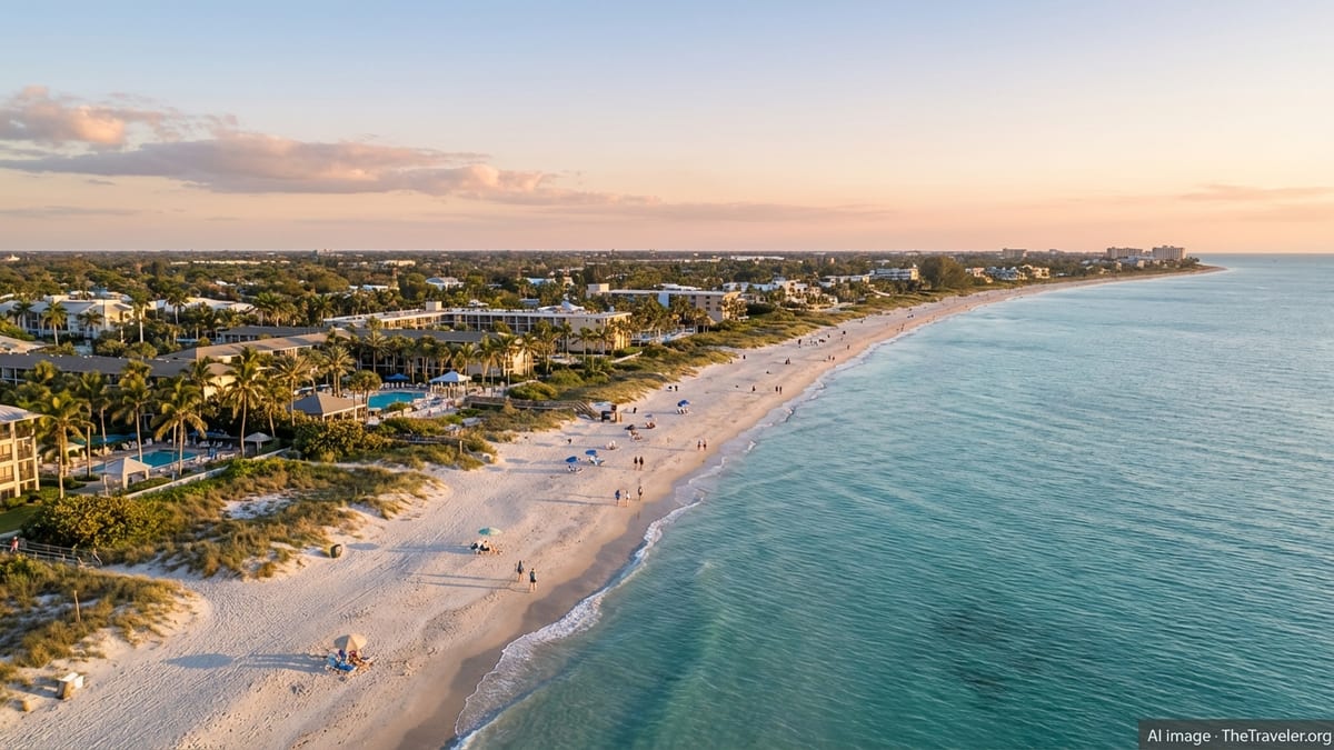 Aerial view of a sunny Florida beach with gentle waves, palm trees and moderate crowds at golden hour.