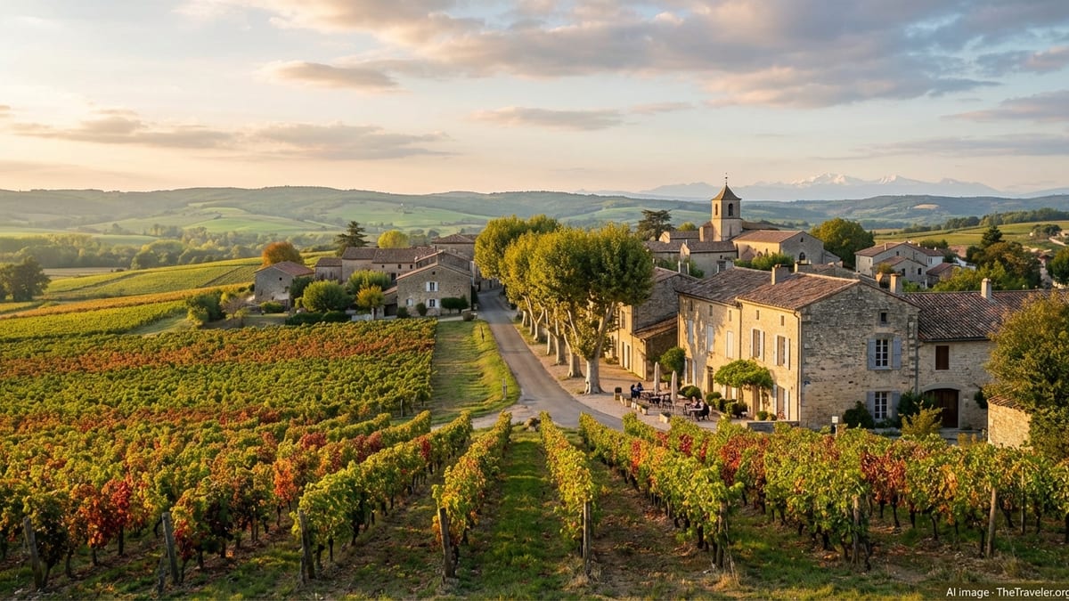 Golden-hour view over French vineyards and a stone village with distant Alps in soft light.