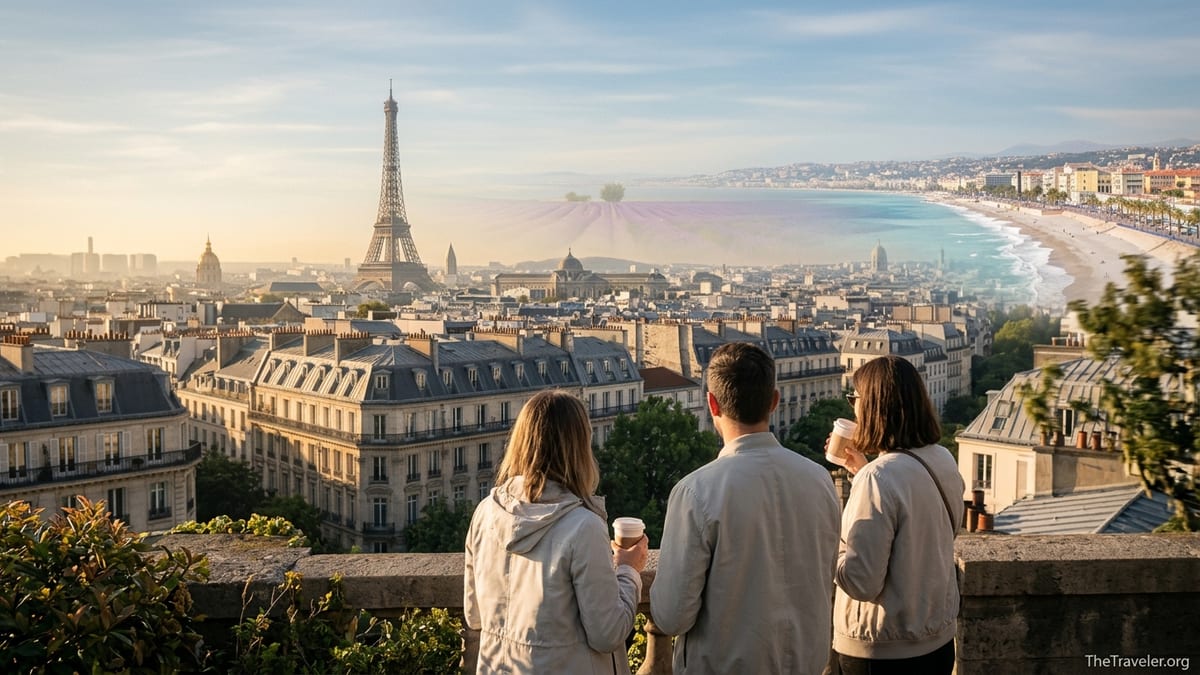 Panoramic sunrise view over Paris rooftops with distant hints of Provence fields and Riviera coast.
