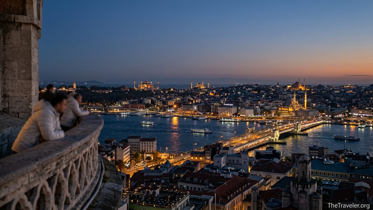 View over Istanbul and the Golden Horn from Galata Tower terrace at blue hour with city lights glowing.