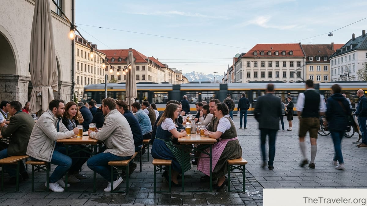 Munich beer garden at dusk with people drinking outdoors and Alps in the background.