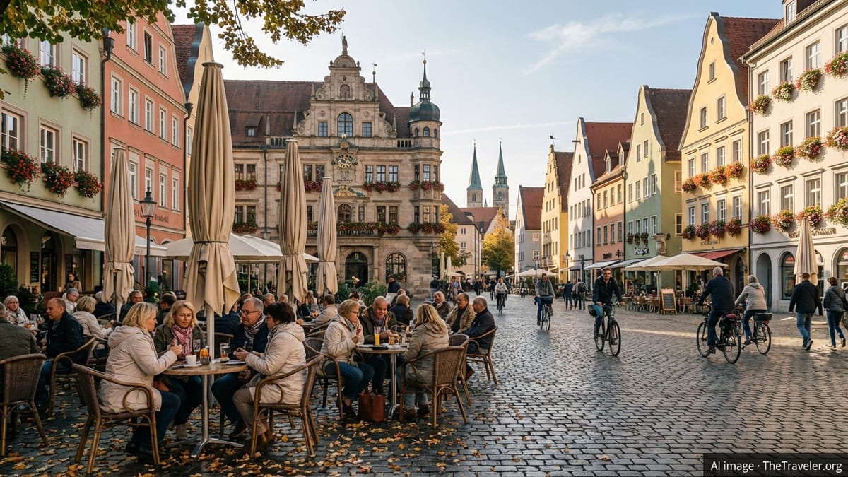 Busy German town square in early autumn with outdoor cafes and historic buildings.
