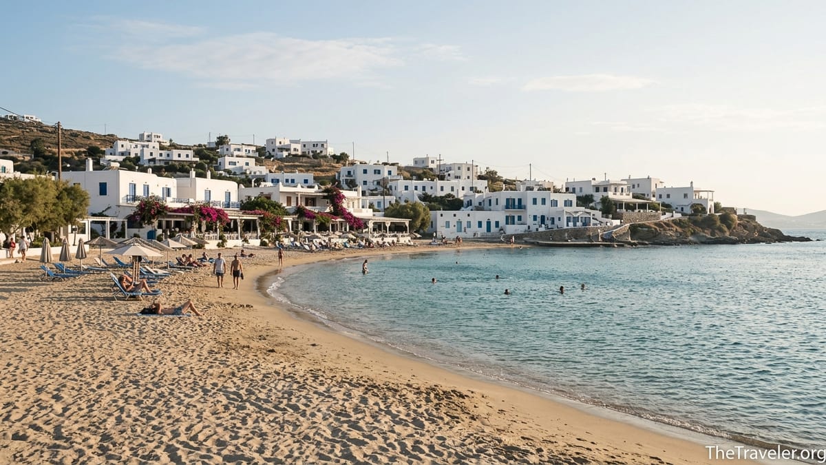 Quiet Greek island beach with swimmers and whitewashed village in warm late-afternoon light.