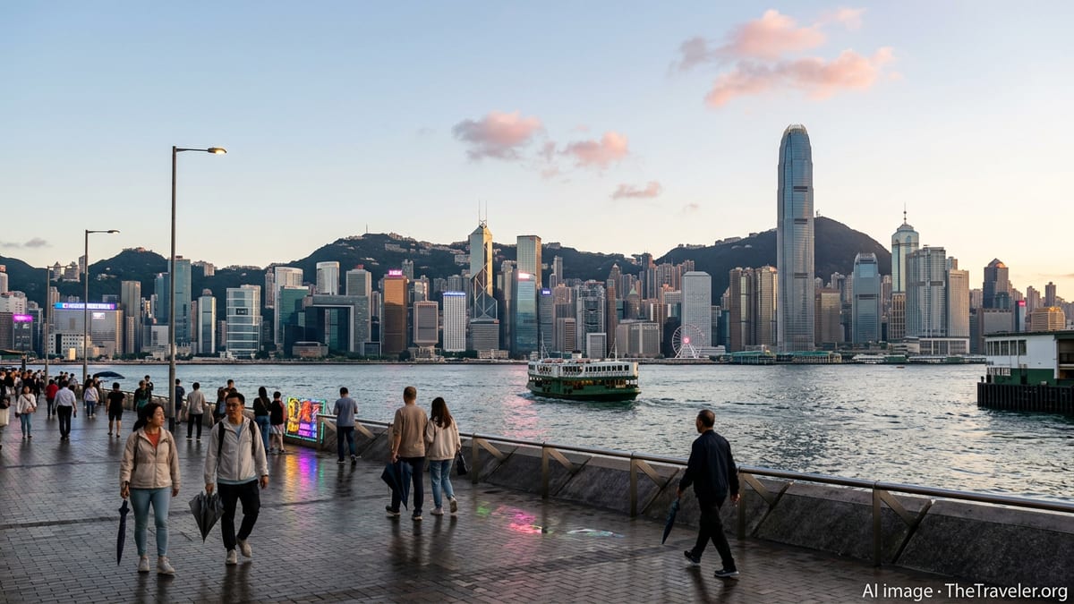 Autumn evening view of Hong Kong’s Victoria Harbour skyline after rain, seen from Tsim Sha Tsui promenade.