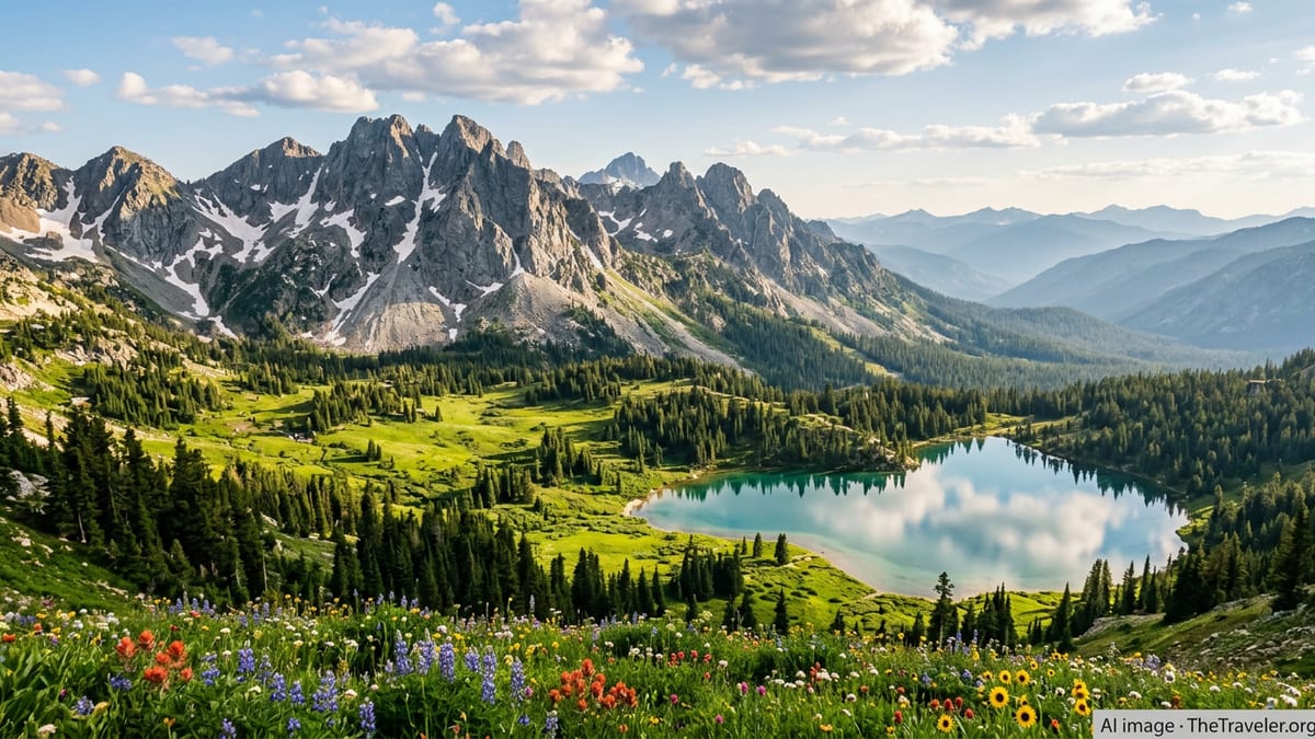 Aerial view of Idaho’s Sawtooth Mountains with wildflower meadows, lake, and lingering snow in summer.
