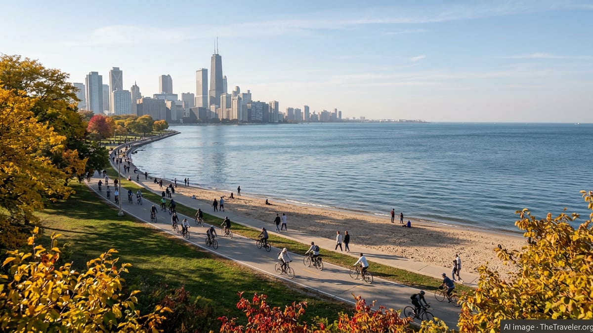 Chicago lakefront in early autumn with colorful trees, busy trail, beach, and skyline under a clear sky.