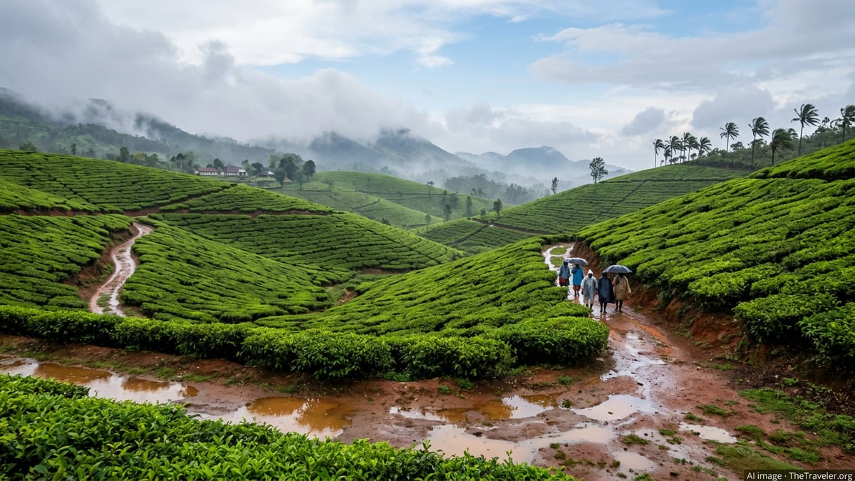 Monsoon clouds over a lush Indian tea plantation with workers walking along wet paths.
