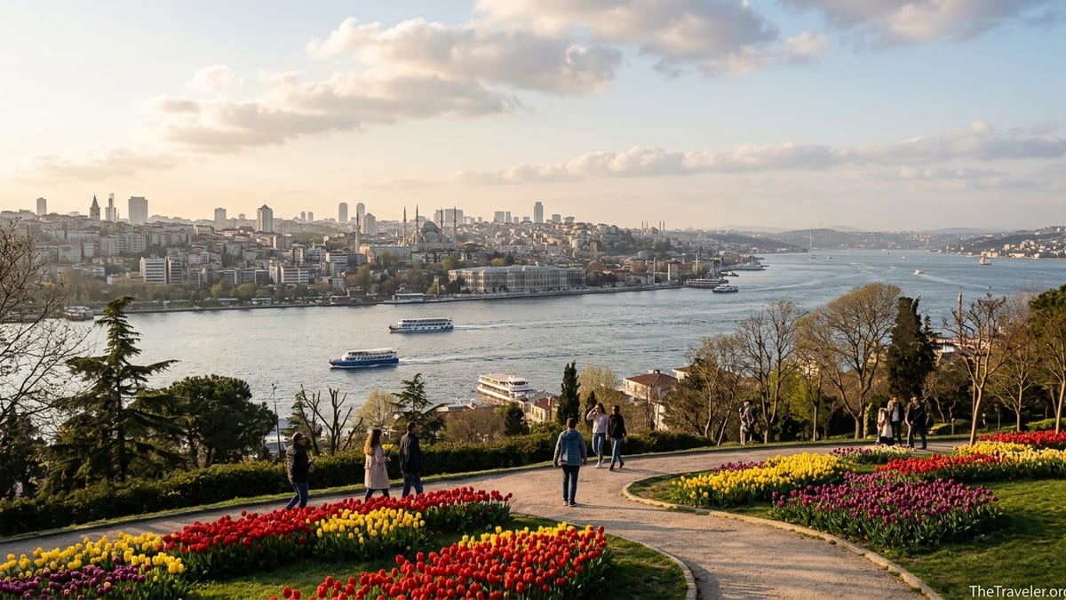 Spring view over Istanbul and the Bosphorus with tulips in the foreground and ferries crossing the water at sunset.