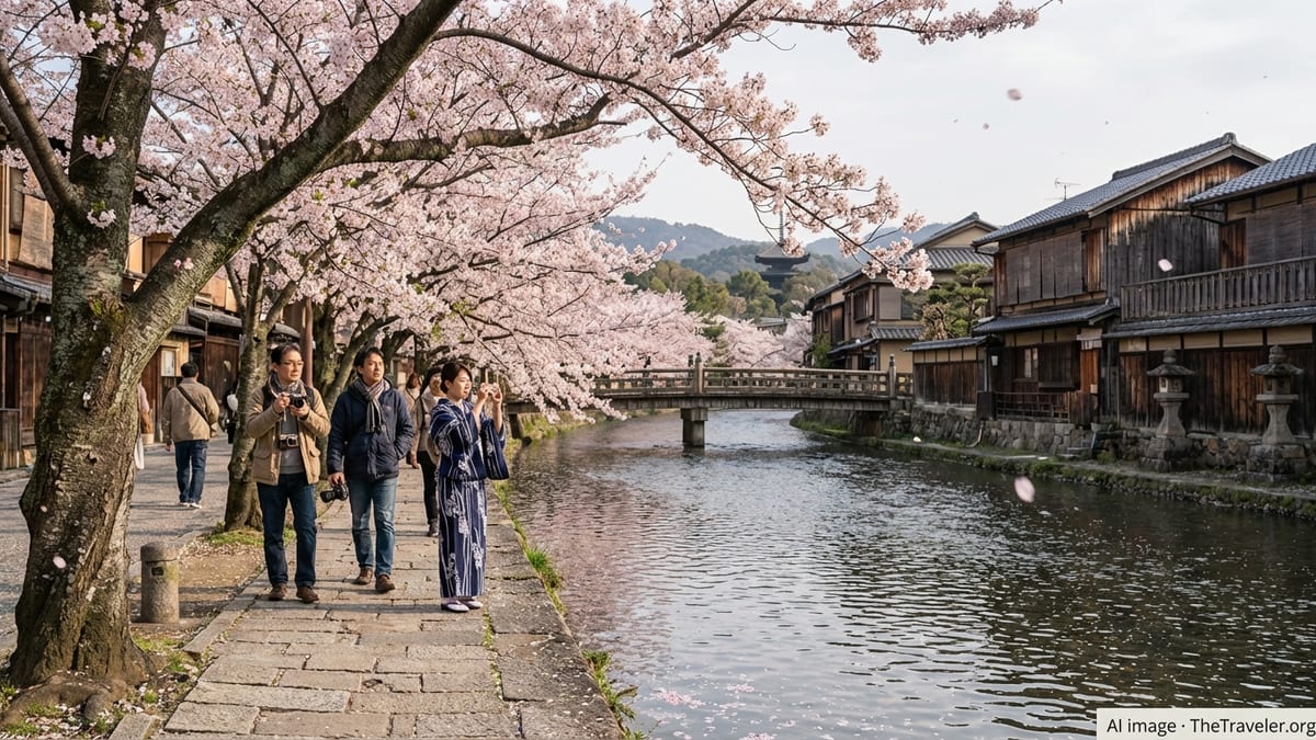 Kyoto riverside path lined with cherry trees in full bloom on a calm spring afternoon.