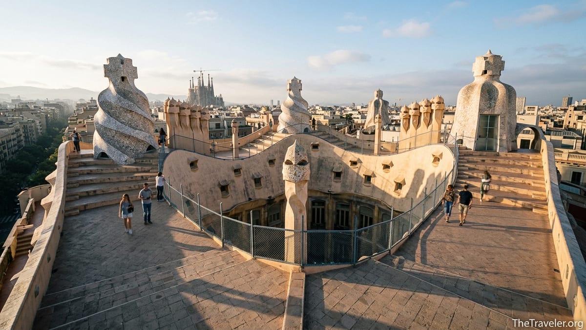 Early-morning light on La Pedrera’s rooftop chimneys with few visitors and Barcelona skyline beyond.