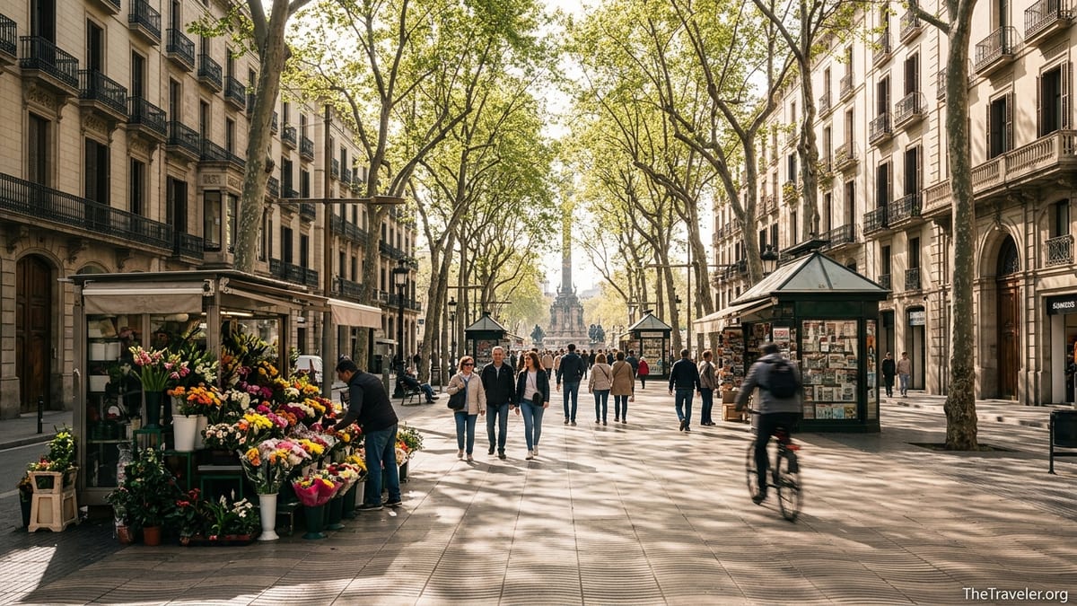Early morning scene on La Rambla in Barcelona with light crowds and flower stalls under plane trees.