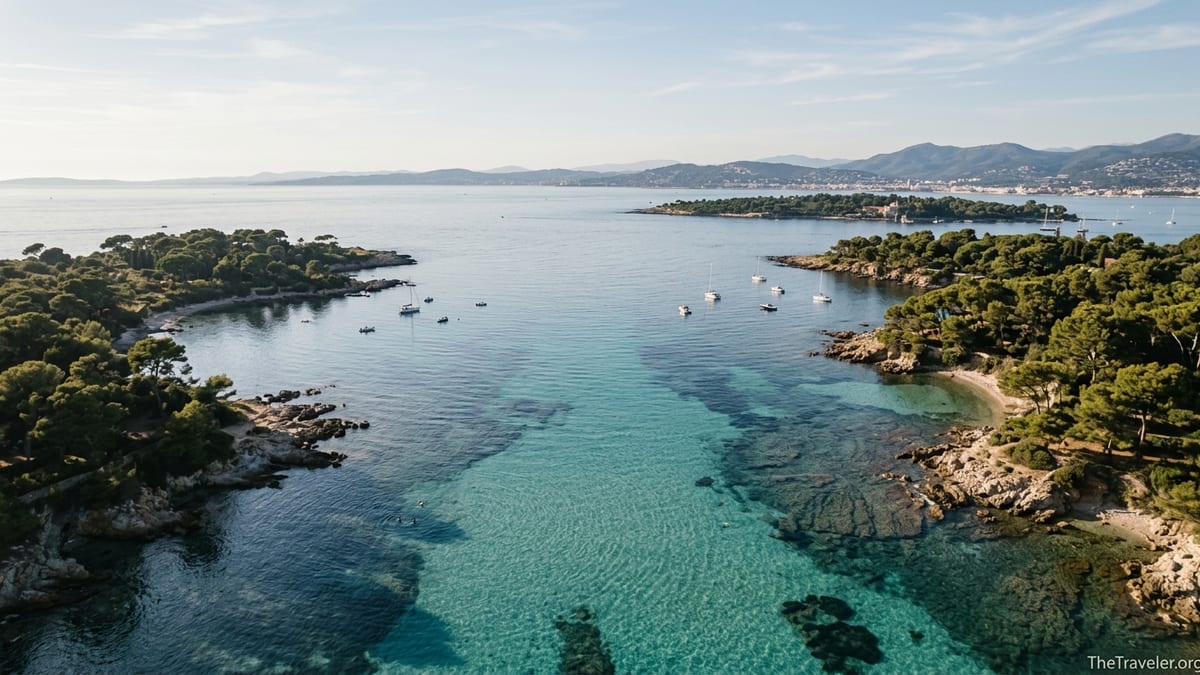 Aerial view of the Lérins Islands with clear turquoise water and quiet pine-fringed coves near Cannes.